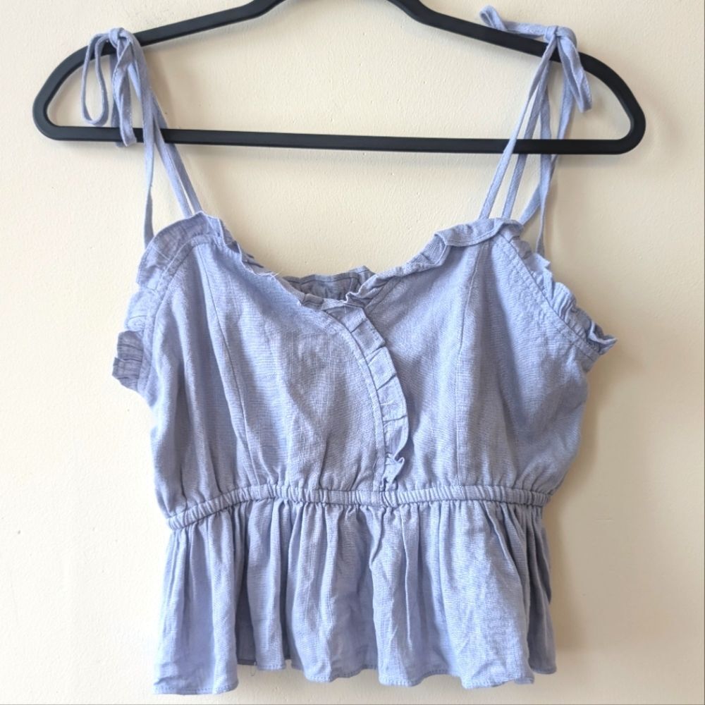 AE Cotton Candy Linen Blend Ruffled Peplum Top Tie Straps Small
